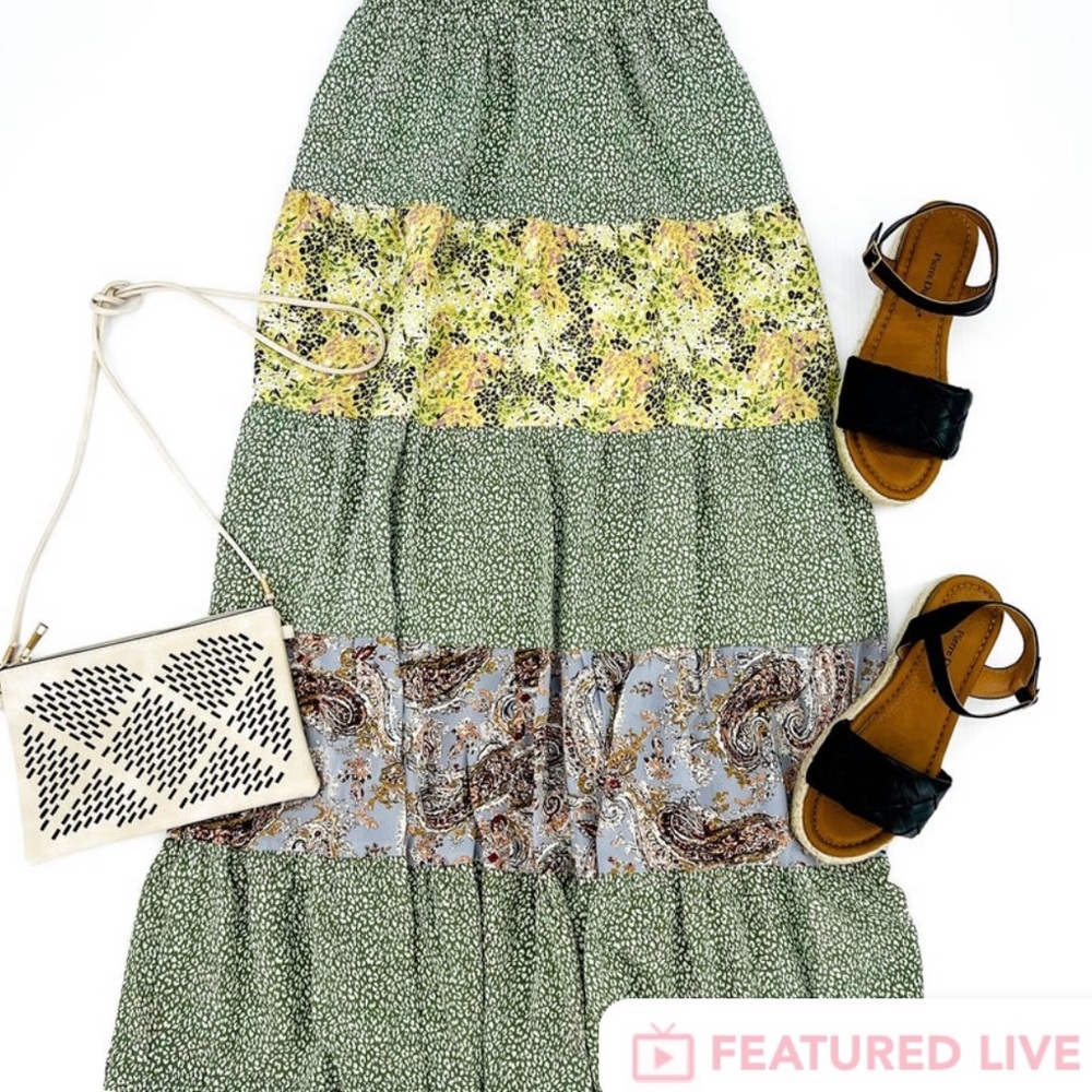 Leopard & Paisley Print Tiered
Maxi Skirt - SAGE MIX